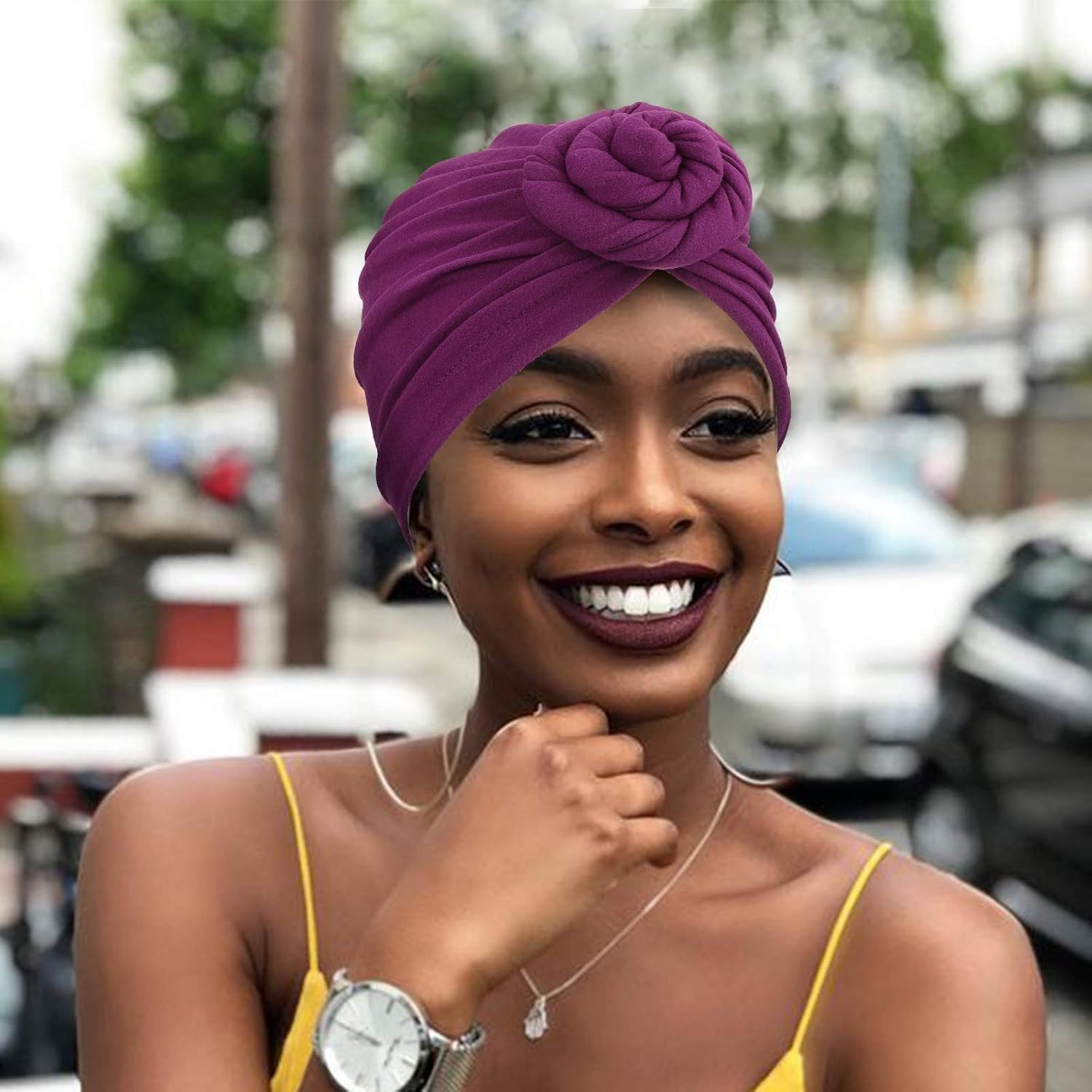 image:imageDRESHOW 5 Pack Knotted Headwraps for Women African Turban PreKnotted Beanie Headwraps Hair Covers5 Pack Donuts 2 Pcs Flower Black Royal Blue Hot Pink