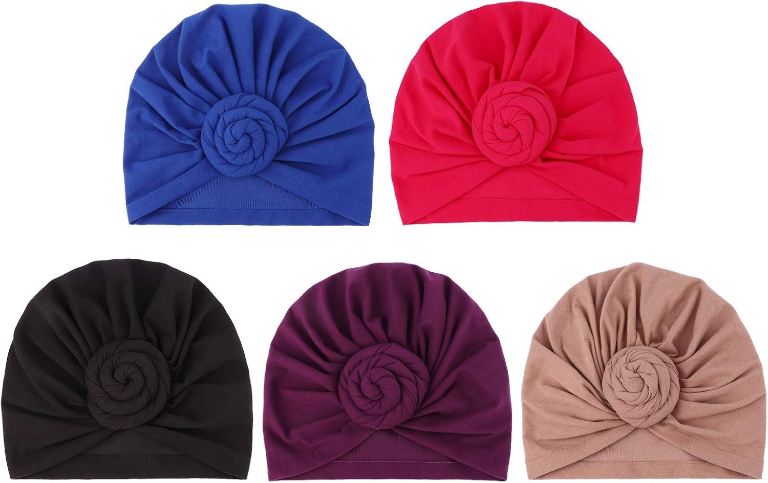 image:imageDRESHOW 5 Pack Knotted Headwraps for Women African Turban PreKnotted Beanie Headwraps Hair Covers5 Pack Donuts Black Purple Royal Blue Khaki Rose