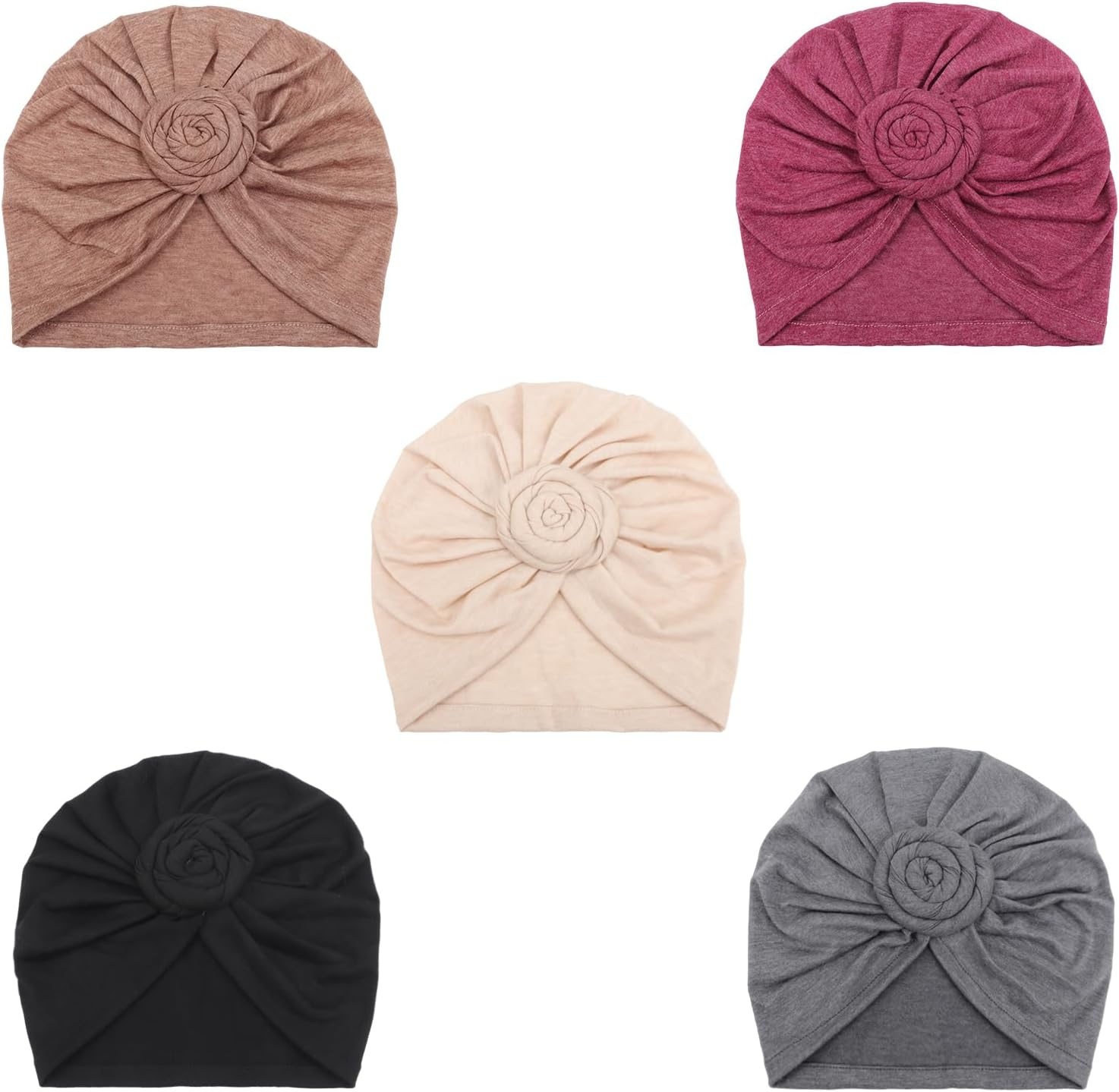 image:imageDRESHOW 5 Pack Knotted Headwraps for Women African Turban PreKnotted Beanie Headwraps Hair Covers5 Pack Donuts Ivory Taupe Black Gray Fuchsia