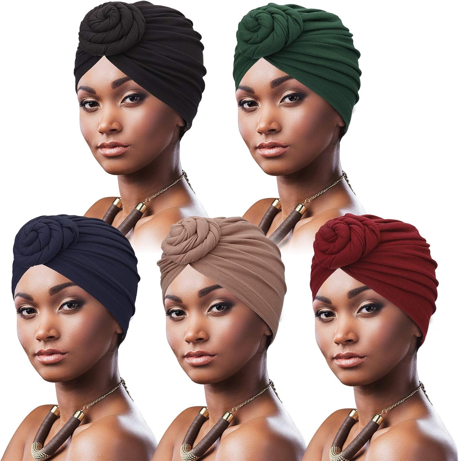 image:imageDRESHOW 5 Pack Knotted Headwraps for Women African Turban PreKnotted Beanie Headwraps Hair Covers5 Pack Donuts Tan Black Navy Green Wine