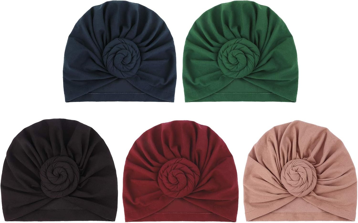 image:imageDRESHOW 5 Pack Knotted Headwraps for Women African Turban PreKnotted Beanie Headwraps Hair Covers5 Pack Donuts Tan Black Navy Green Wine