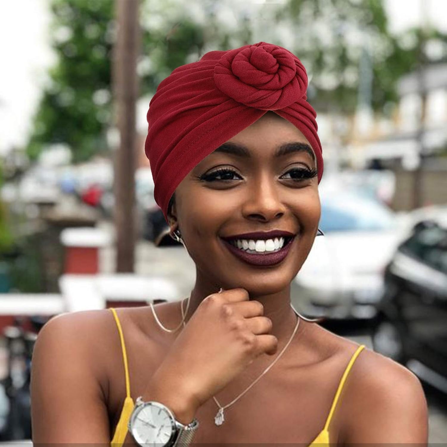 image:imageDRESHOW 5 Pack Knotted Headwraps for Women African Turban PreKnotted Beanie Headwraps Hair Covers5 Pack Donuts Tan Black Navy Green Wine