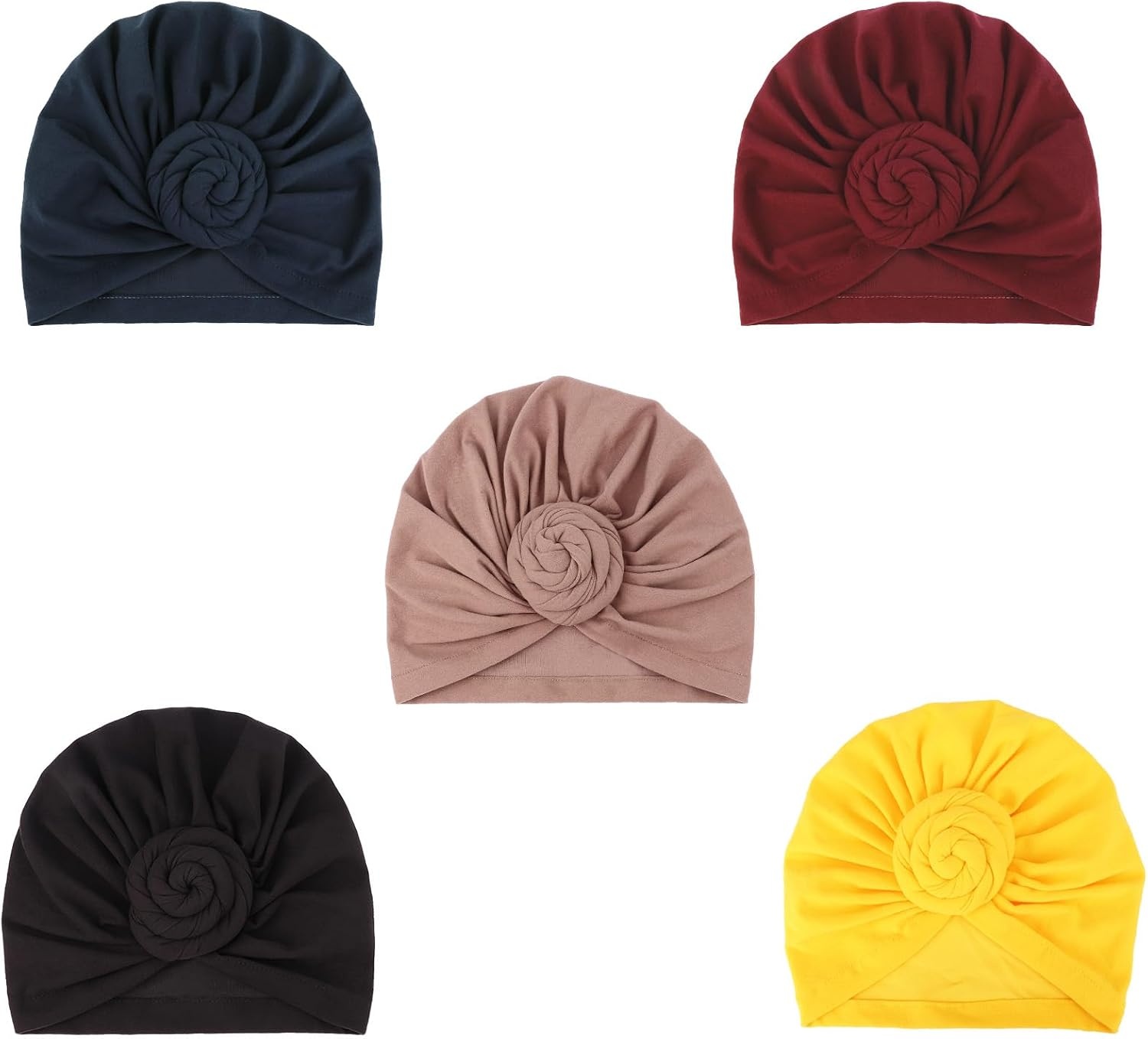image:imageDRESHOW 5 Pack Knotted Headwraps for Women African Turban PreKnotted Beanie Headwraps Hair Covers5 Pack Donuts TanWineYellowNavyBlack