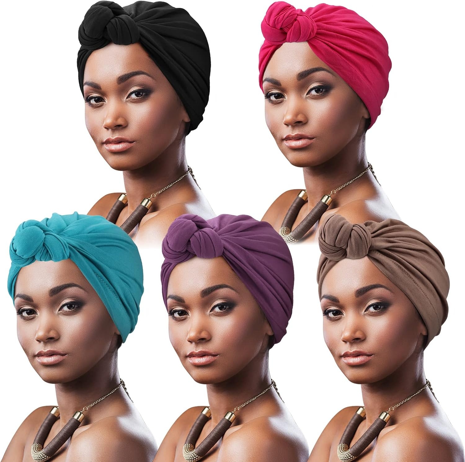 image:imageDRESHOW 5 Pack Knotted Headwraps for Women African Turban PreKnotted Beanie Headwraps Hair Covers5 Pack Knotted Black Khaki Rose Purple Teal