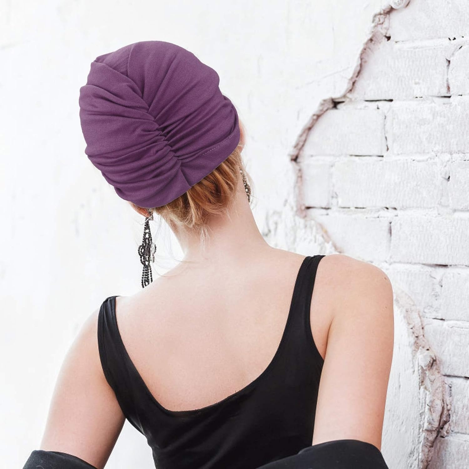 image:imageDRESHOW 5 Pack Knotted Headwraps for Women African Turban PreKnotted Beanie Headwraps Hair Covers5 Pack Knotted Black Khaki Rose Purple Teal