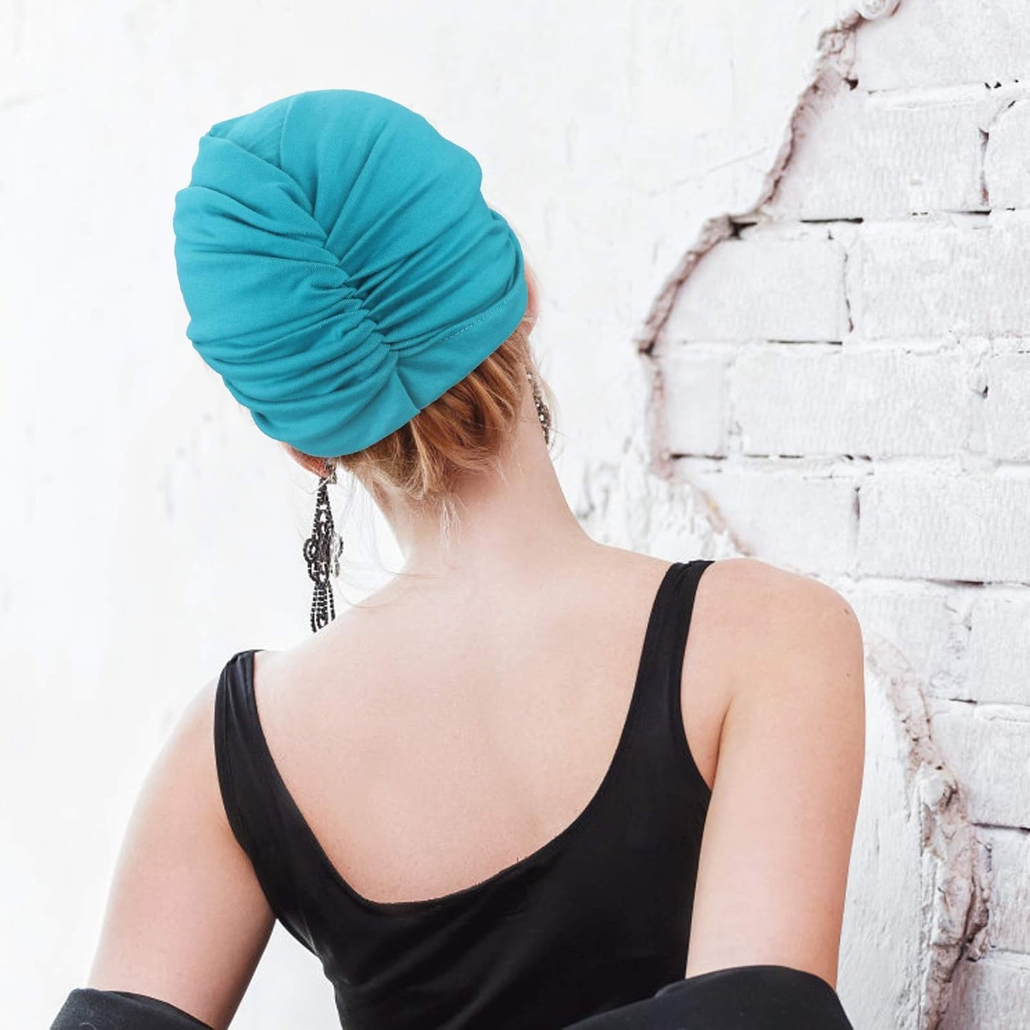 image:imageDRESHOW 5 Pack Knotted Headwraps for Women African Turban PreKnotted Beanie Headwraps Hair Covers5 Pack Knotted Black Russet Mustarl Teal White