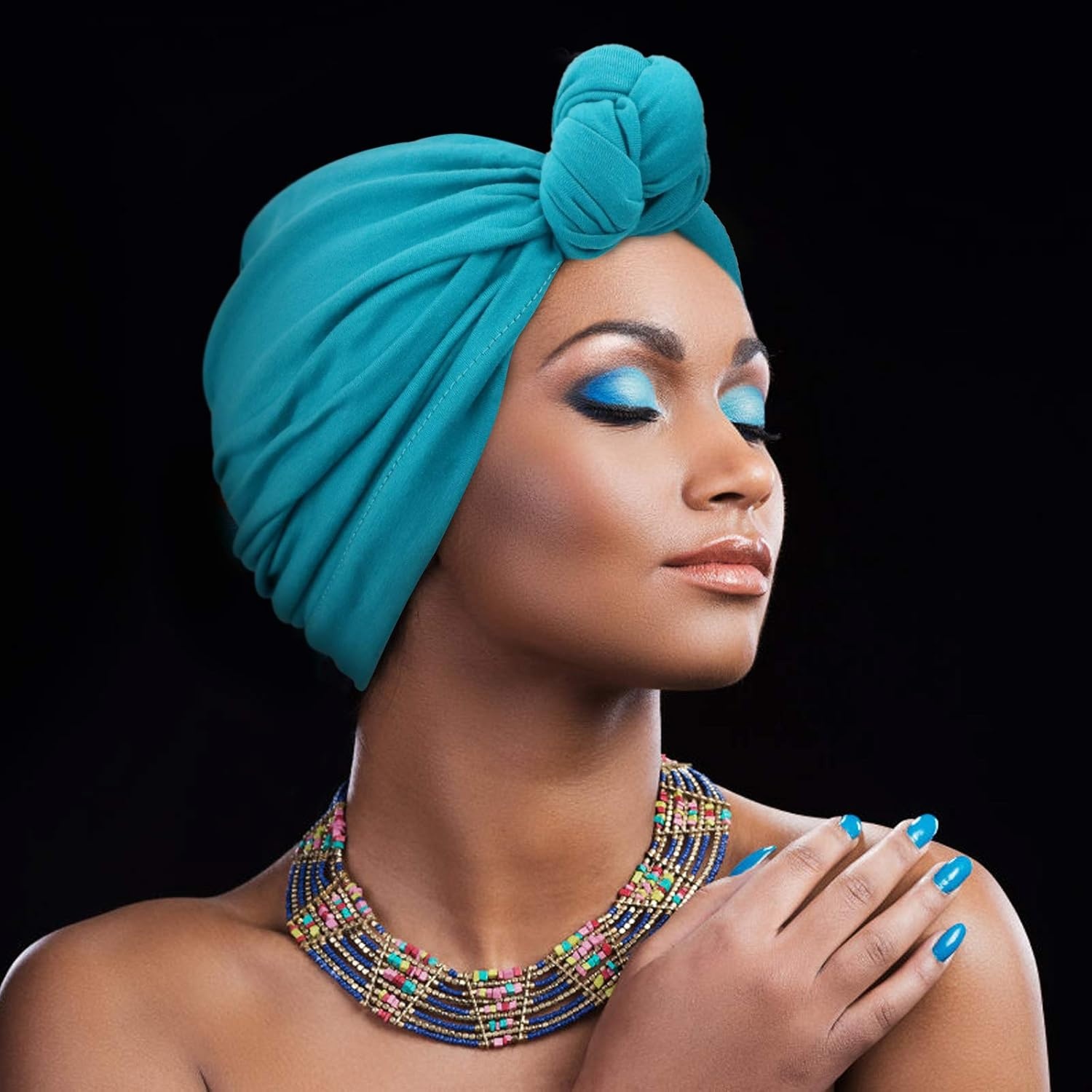 image:imageDRESHOW 5 Pack Knotted Headwraps for Women African Turban PreKnotted Beanie Headwraps Hair Covers5 Pack Knotted Black Russet Mustarl Teal White