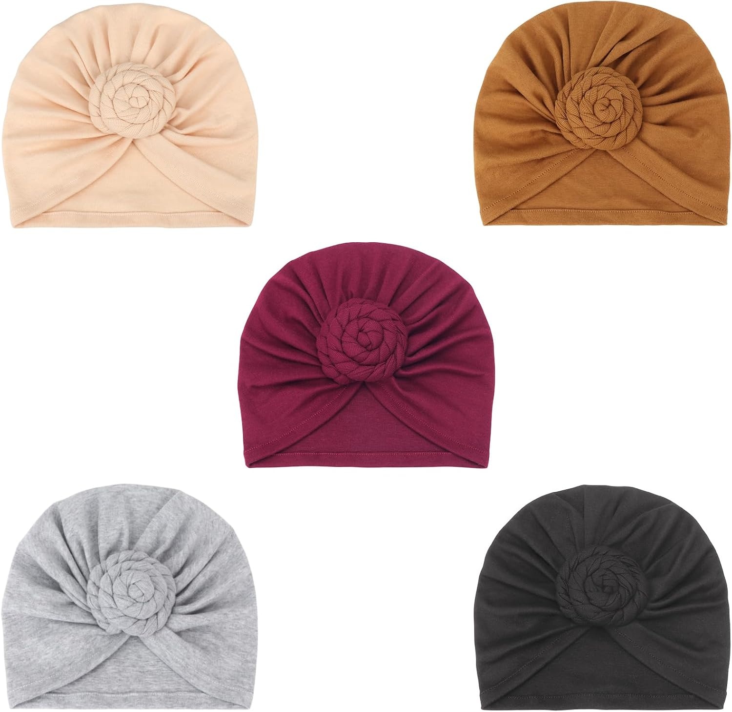 image:imageDRESHOW 5 Pack Knotted Headwraps for Women African Turban PreKnotted Beanie Headwraps Hair Covers5 Pcs Donut Flower Maroon Beige Black Brown Light Gray