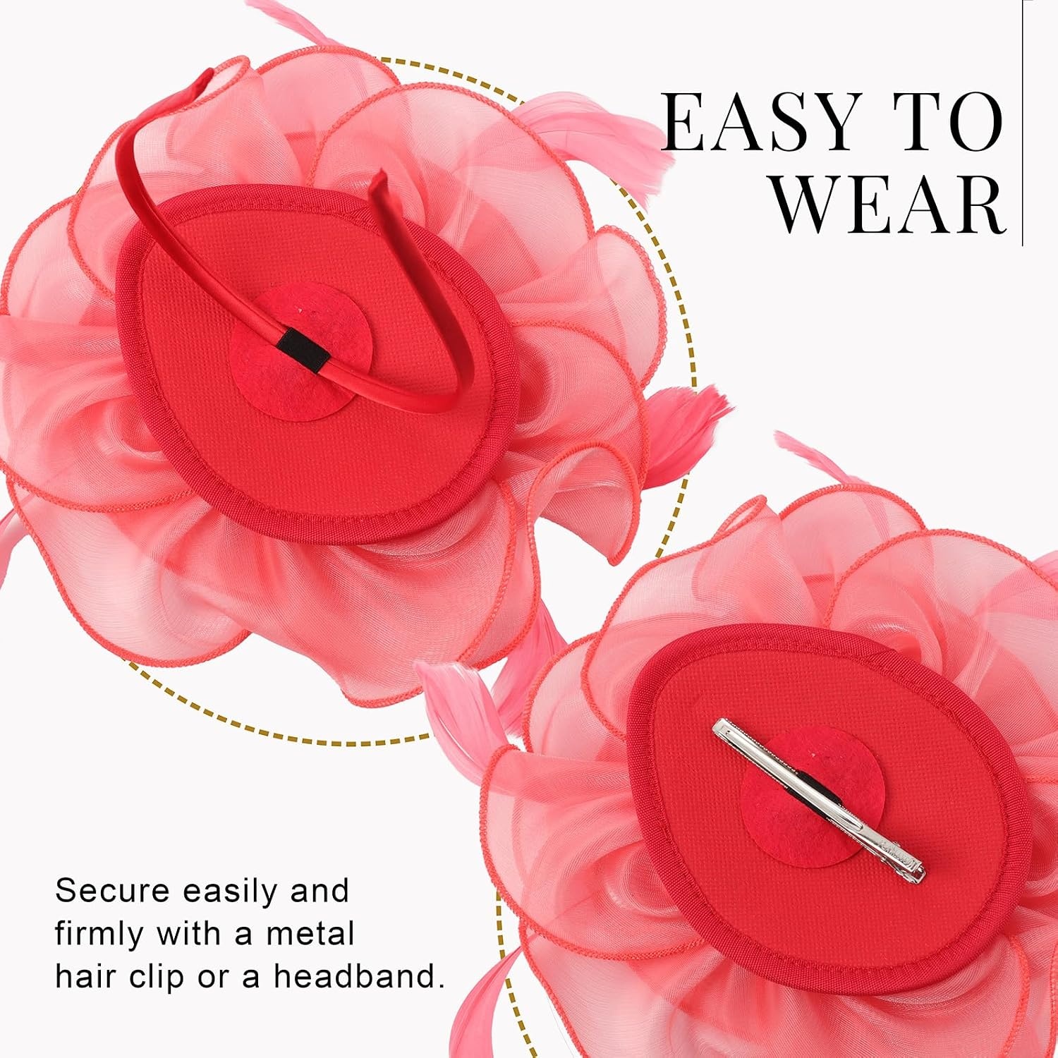 image:imageDRESHOW Fascinators Hat Tea Party Headwear Ribbons Feathers on a Headband and a Clip for Women1 Pc Coral Pink