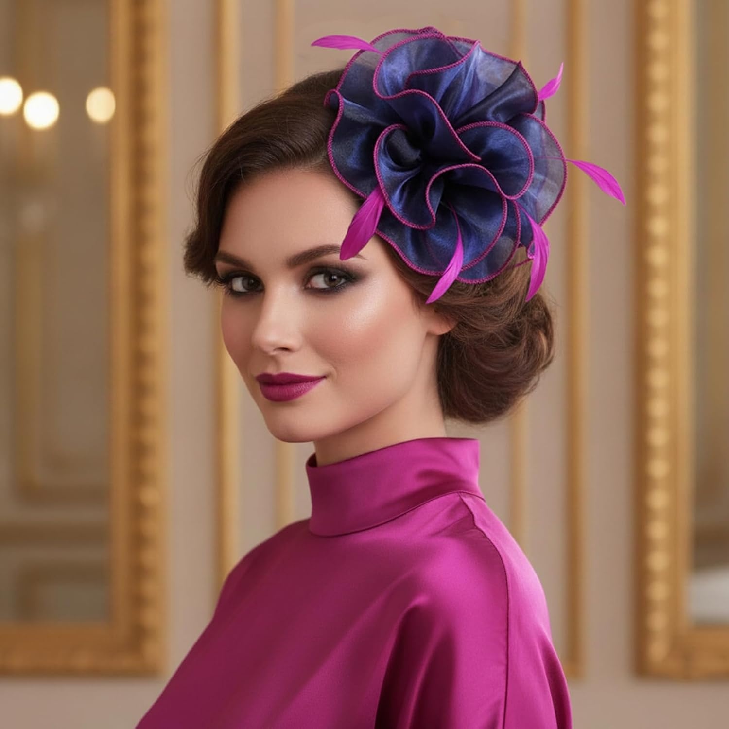 image:imageDRESHOW Fascinators Hat Tea Party Headwear Ribbons Feathers on a Headband and a Clip for Women82 Navy Blue Hot Pink