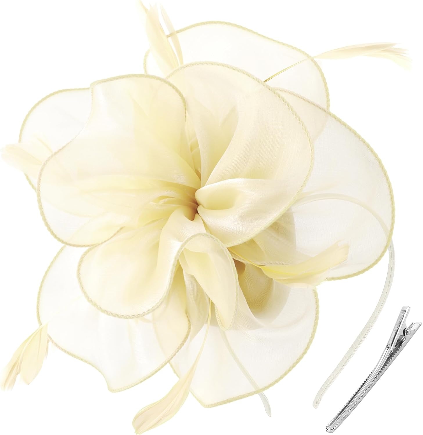 image:imageDRESHOW Fascinators Hat Tea Party Headwear Ribbons Feathers on a Headband and a Clip for WomenBeige