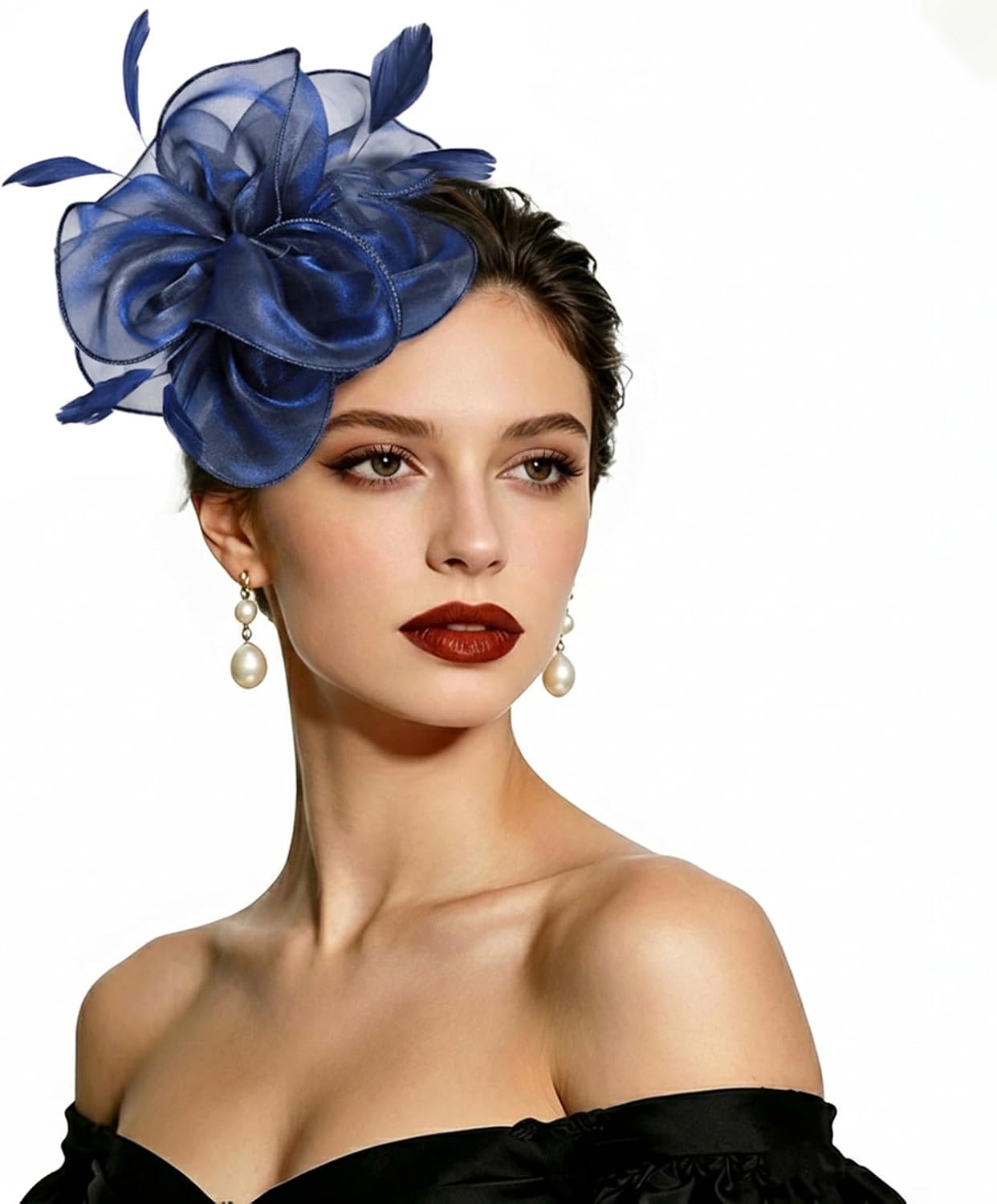 image:imageDRESHOW Fascinators Hat Tea Party Headwear Ribbons Feathers on a Headband and a Clip for WomenNavy