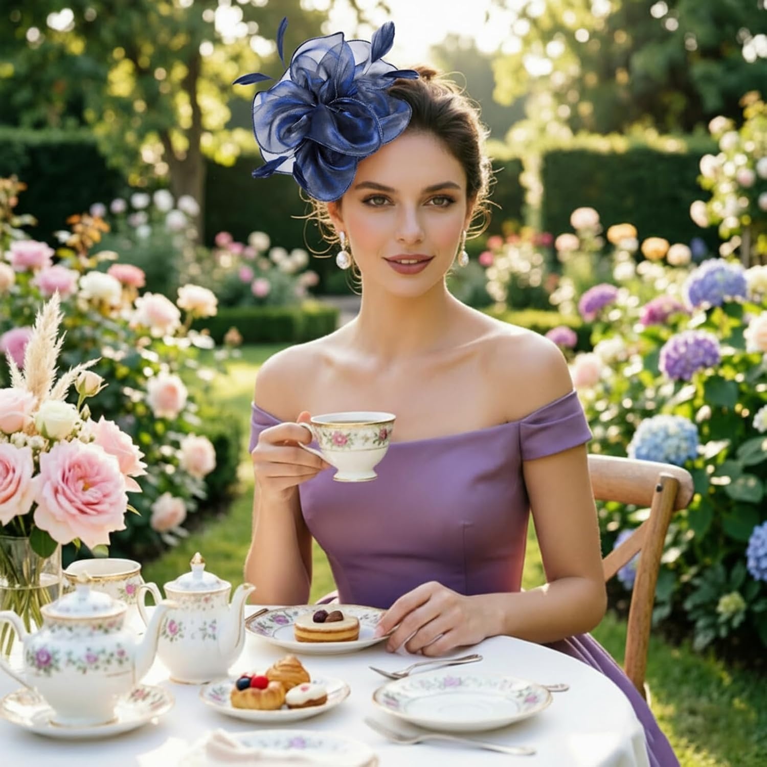 image:imageDRESHOW Fascinators Hat Tea Party Headwear Ribbons Feathers on a Headband and a Clip for WomenNavy