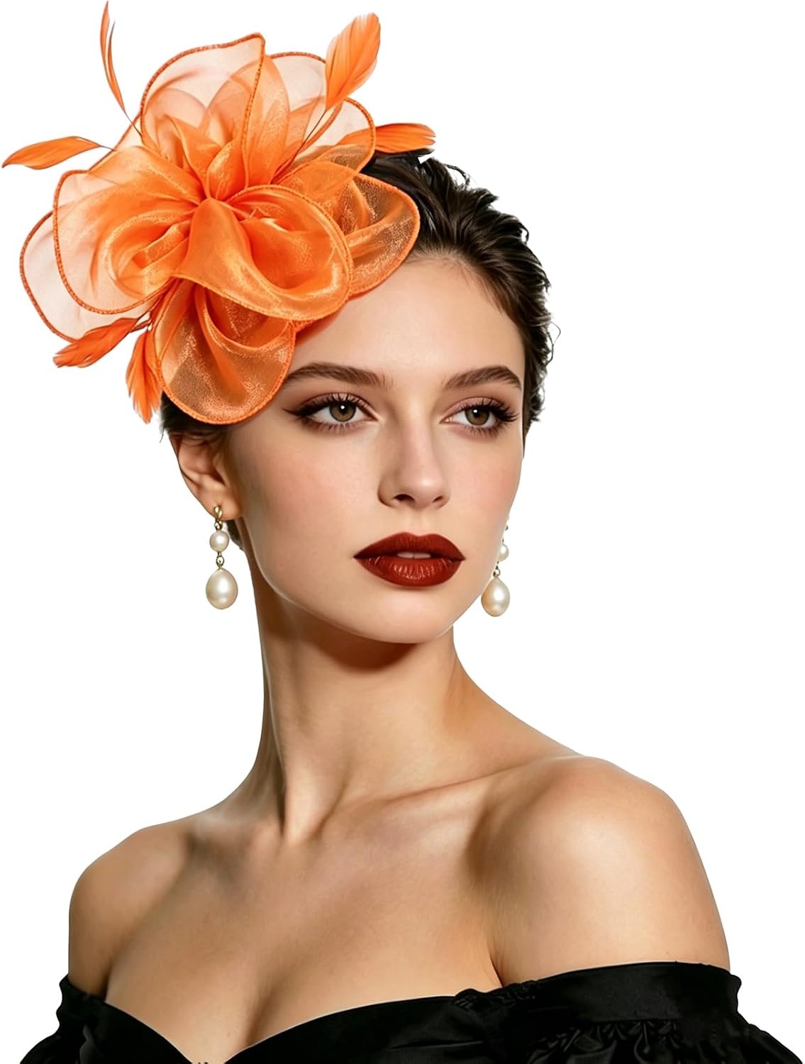 image:imageDRESHOW Fascinators Hat Tea Party Headwear Ribbons Feathers on a Headband and a Clip for WomenOrange