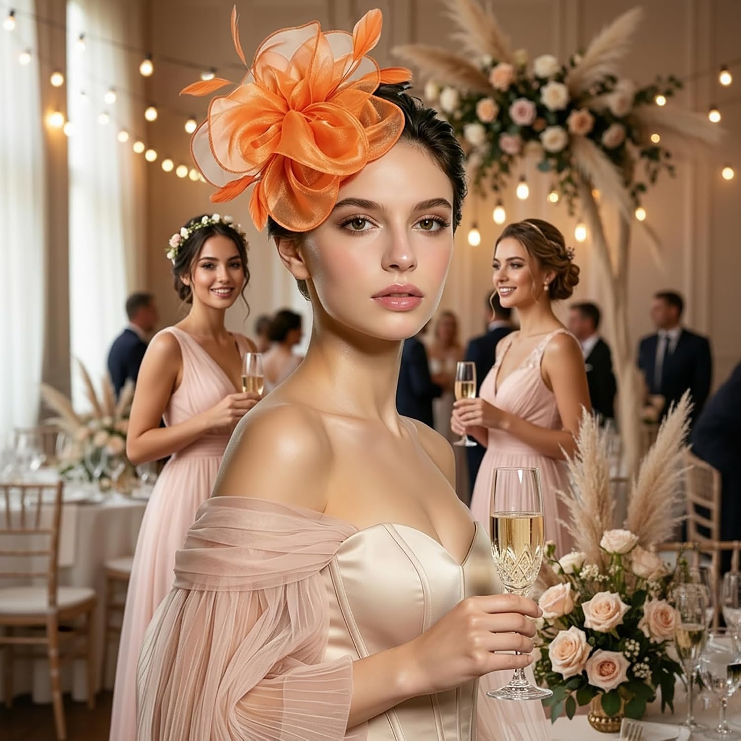 image:imageDRESHOW Fascinators Hat Tea Party Headwear Ribbons Feathers on a Headband and a Clip for WomenOrange