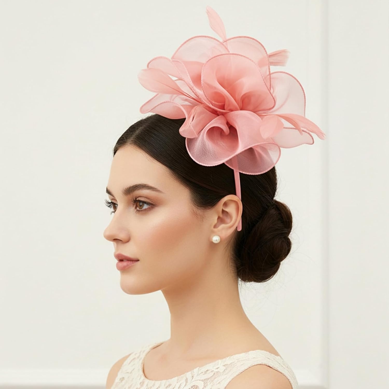 image:imageDRESHOW Fascinators Hat Tea Party Headwear Ribbons Feathers on a Headband and a Clip for WomenPale Pink
