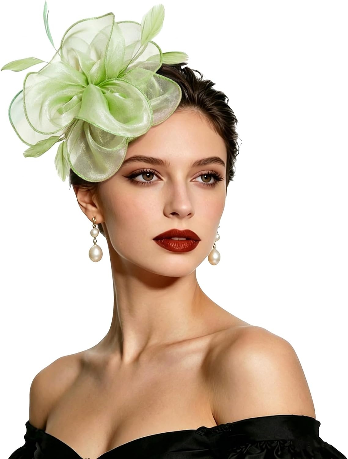 image:imageDRESHOW Fascinators Hat Tea Party Headwear Ribbons Feathers on a Headband and a Clip for WomenPea Green