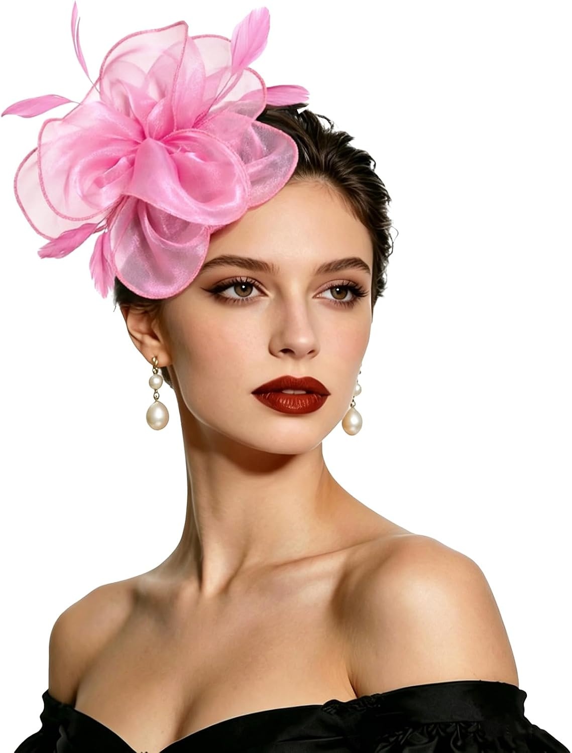 image:imageDRESHOW Fascinators Hat Tea Party Headwear Ribbons Feathers on a Headband and a Clip for WomenPink a