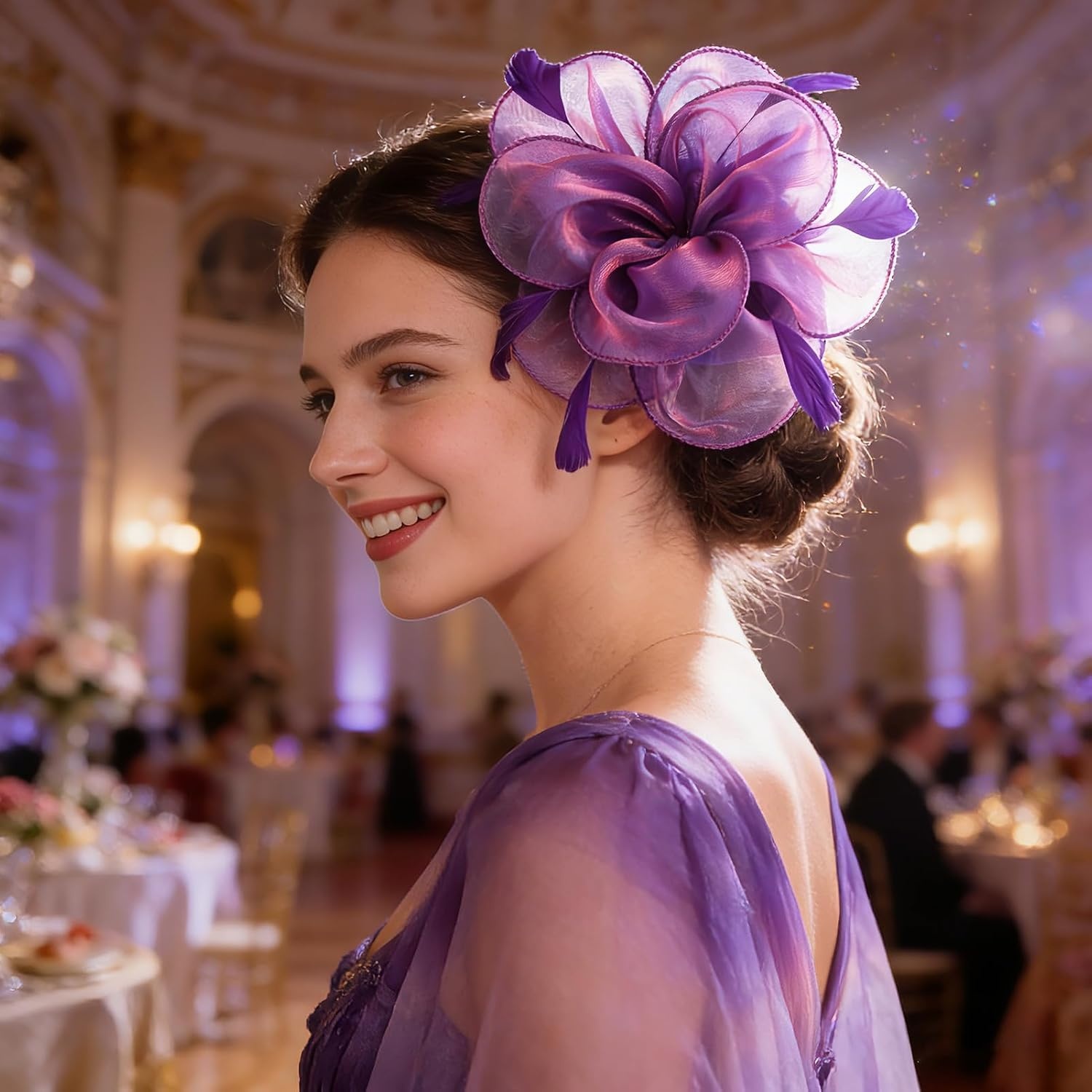 image:imageDRESHOW Fascinators Hat Tea Party Headwear Ribbons Feathers on a Headband and a Clip for WomenPurple
