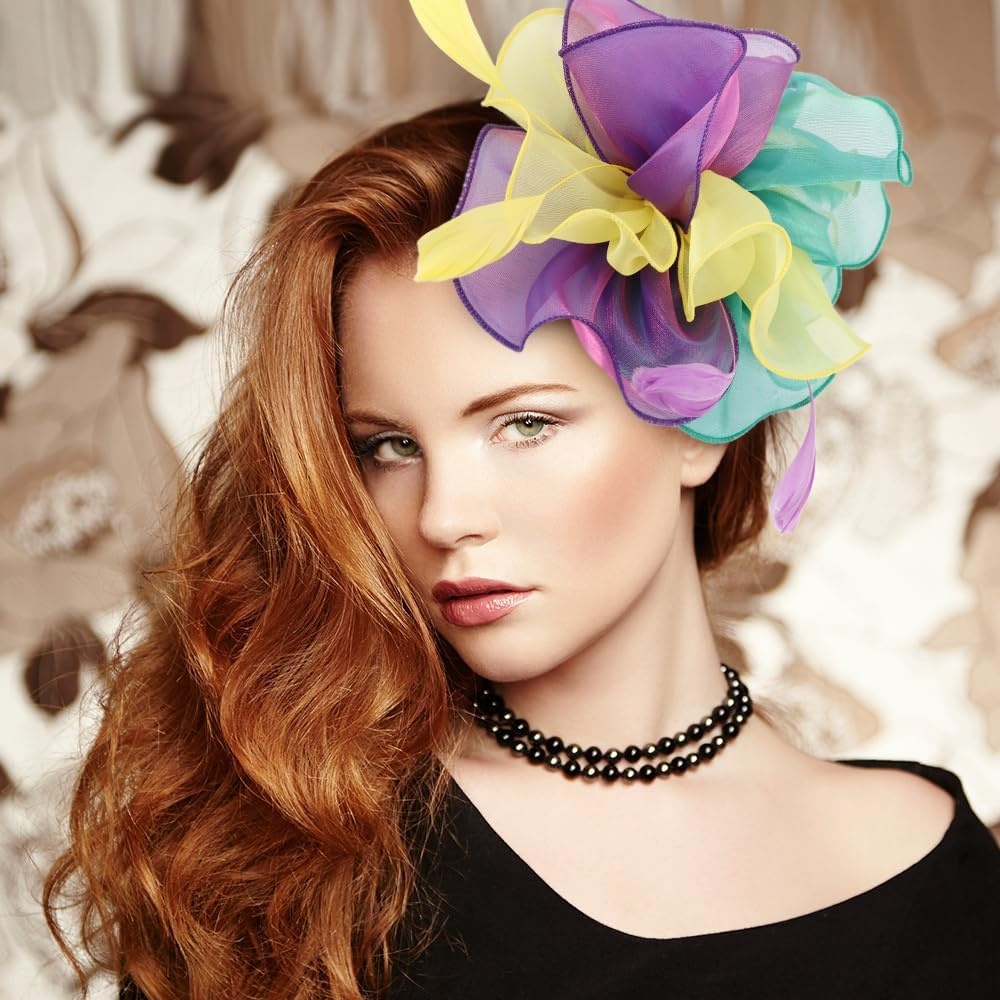 image:imageDRESHOW Fascinators Hat Tea Party Headwear Ribbons Feathers on a Headband and a Clip for WomenTri Color Fascinator
