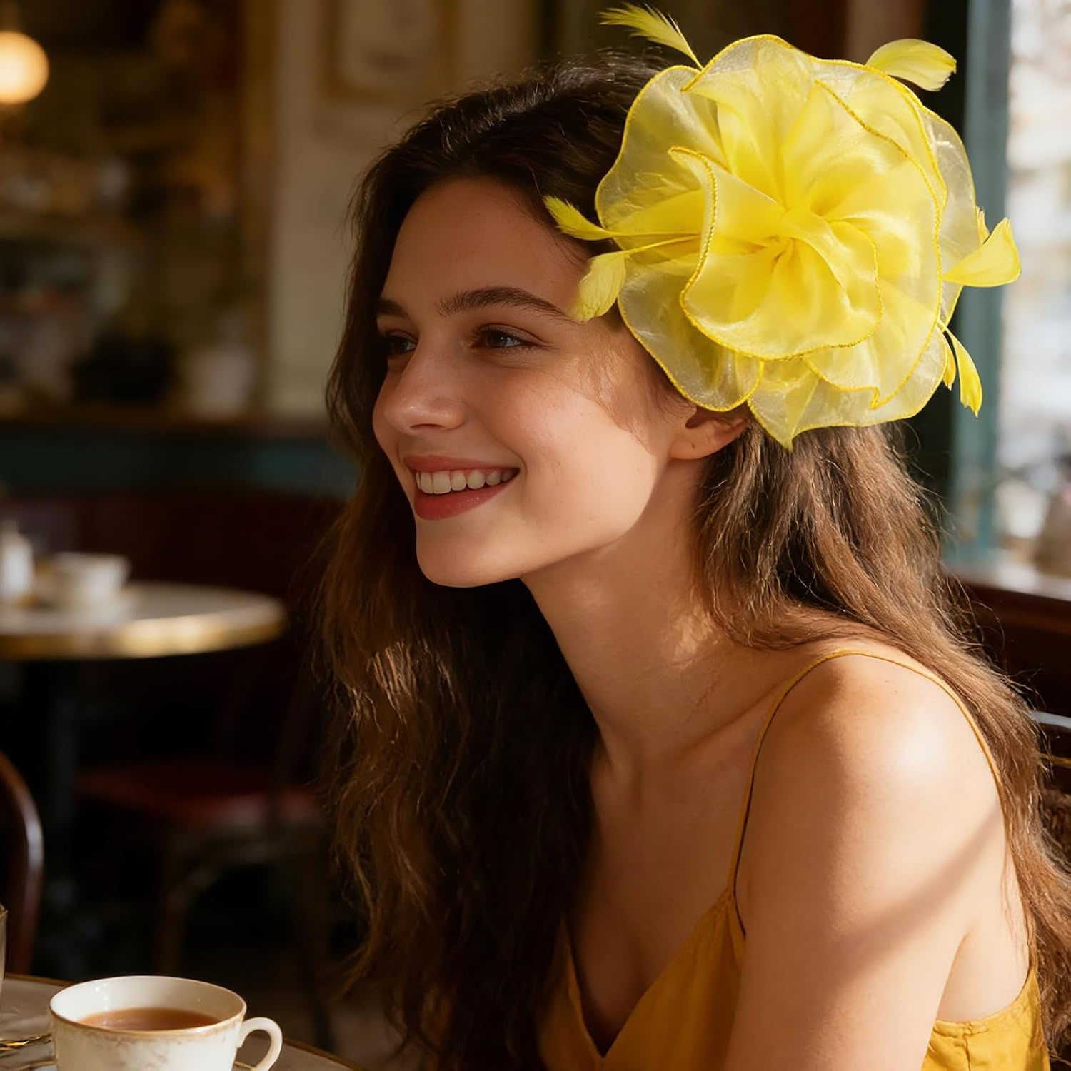 image:imageDRESHOW Fascinators Hat Tea Party Headwear Ribbons Feathers on a Headband and a Clip for WomenYellow