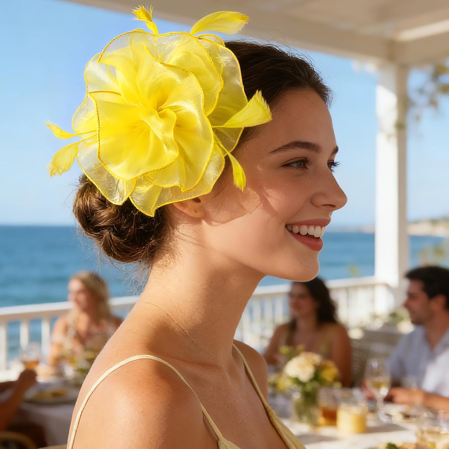 image:imageDRESHOW Fascinators Hat Tea Party Headwear Ribbons Feathers on a Headband and a Clip for WomenYellow