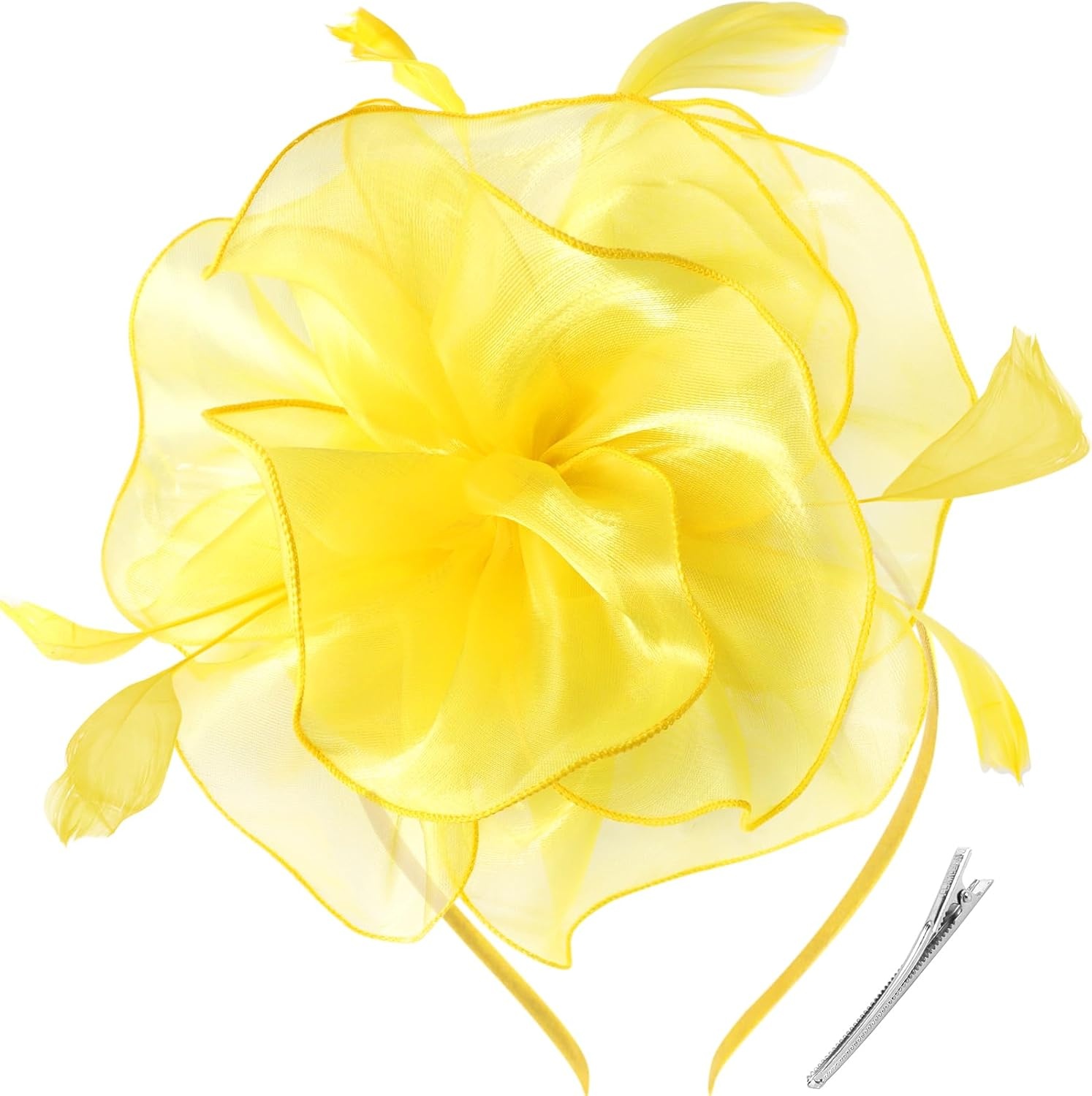 image:imageDRESHOW Fascinators Hat Tea Party Headwear Ribbons Feathers on a Headband and a Clip for WomenYellow