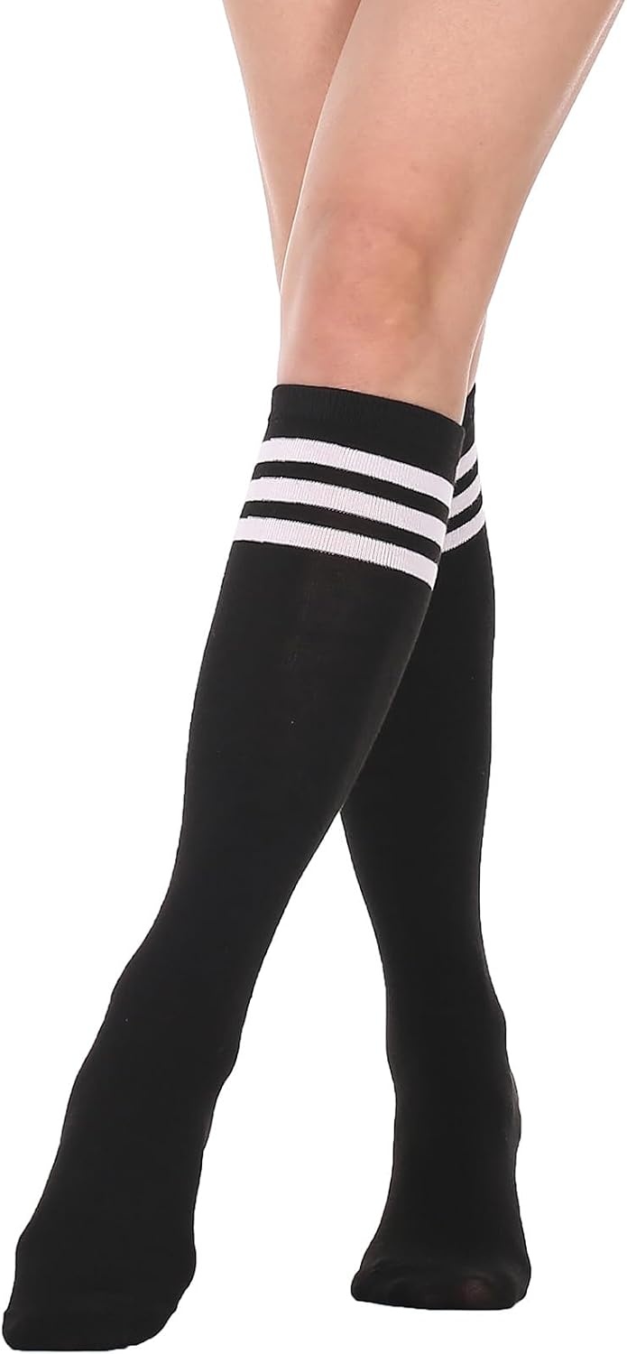 image:imageDRESHOW Womens Knee High Socks Seamless Toe Stripe Tube Knee Socks 3 Pairs3 Pairs Knee High Fuschia White Black