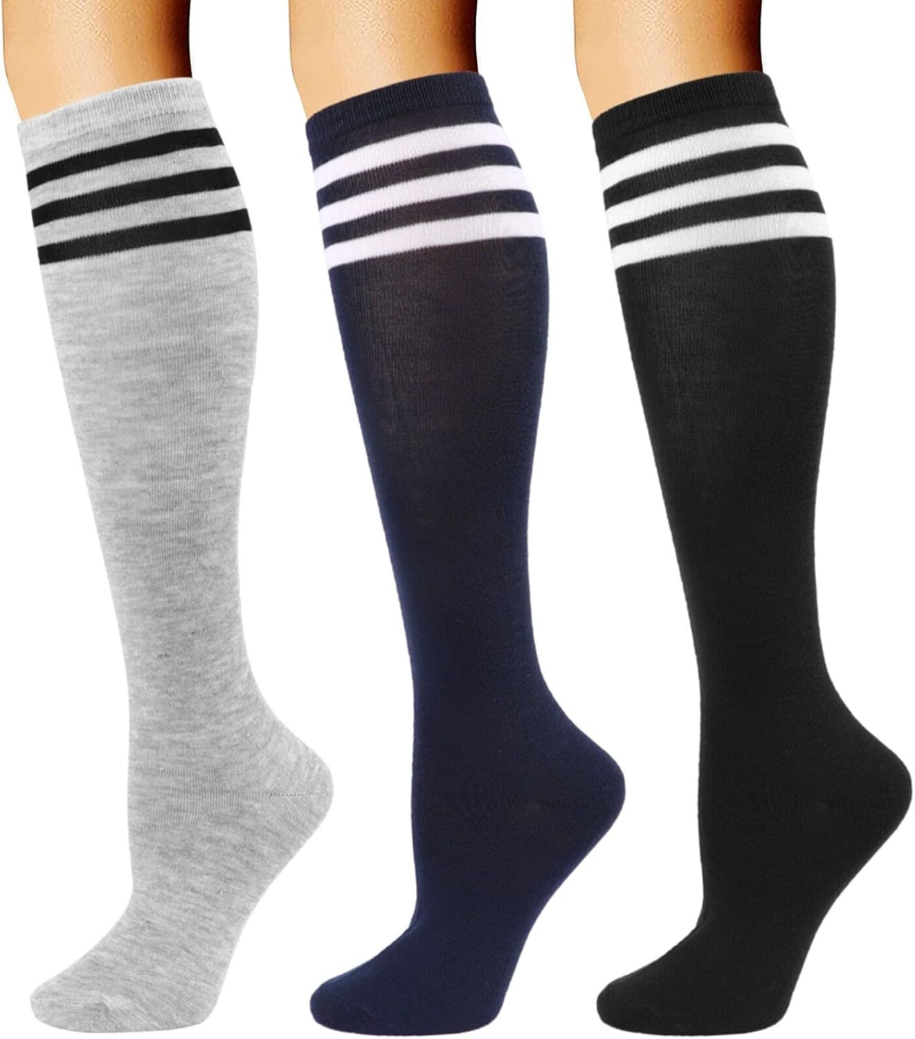 image:imageDRESHOW Womens Knee High Socks Seamless Toe Stripe Tube Knee Socks 3 Pairs3 Pairs Knee High Socks GreyNavyBlack