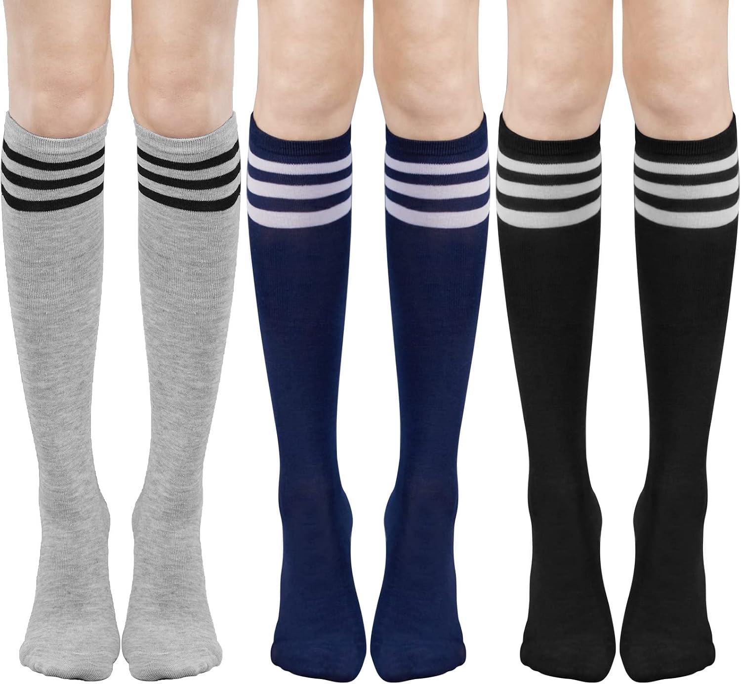 image:imageDRESHOW Womens Knee High Socks Seamless Toe Stripe Tube Knee Socks 3 Pairs3 Pairs Knee High Socks GreyNavyBlack