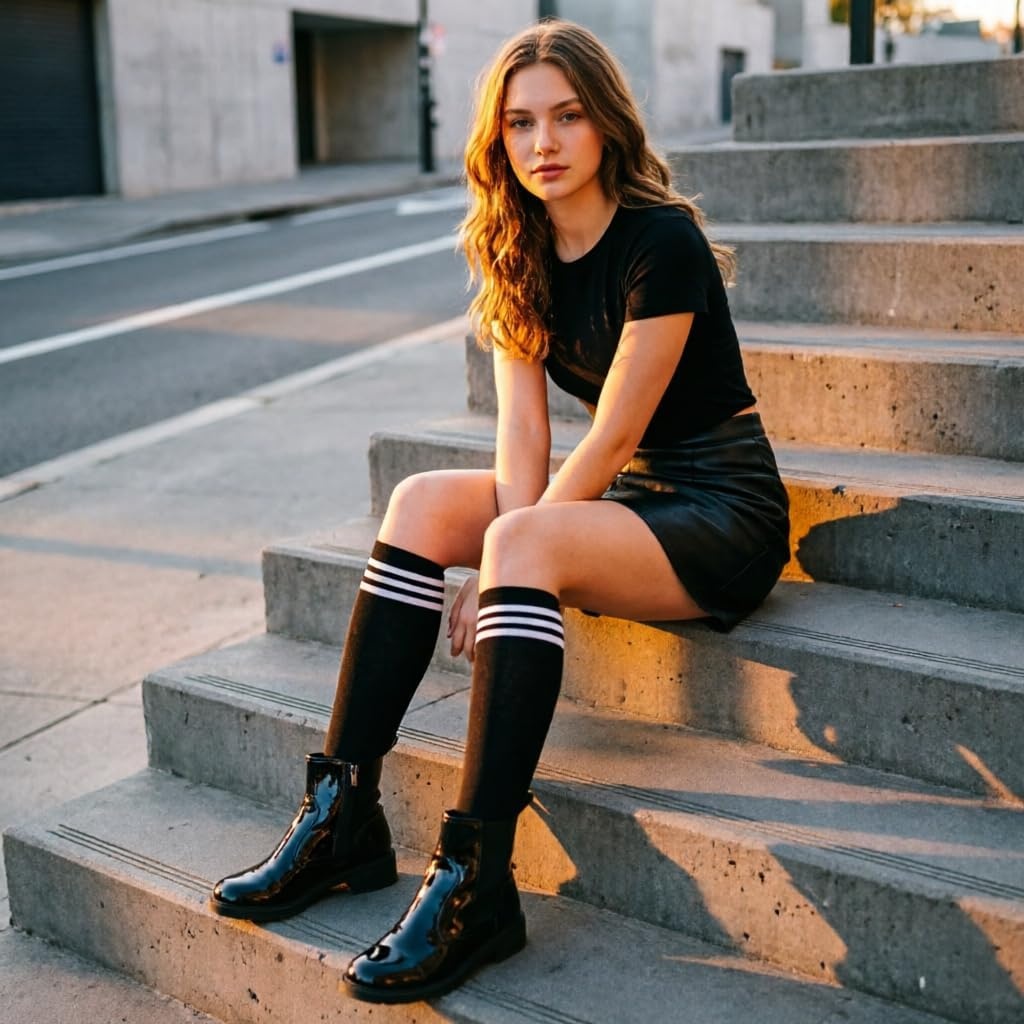 image:imageDRESHOW Womens Knee High Socks Seamless Toe Stripe Tube Knee Socks 3 Pairs3 Pairs Knee High Socks WhiteRedBlack