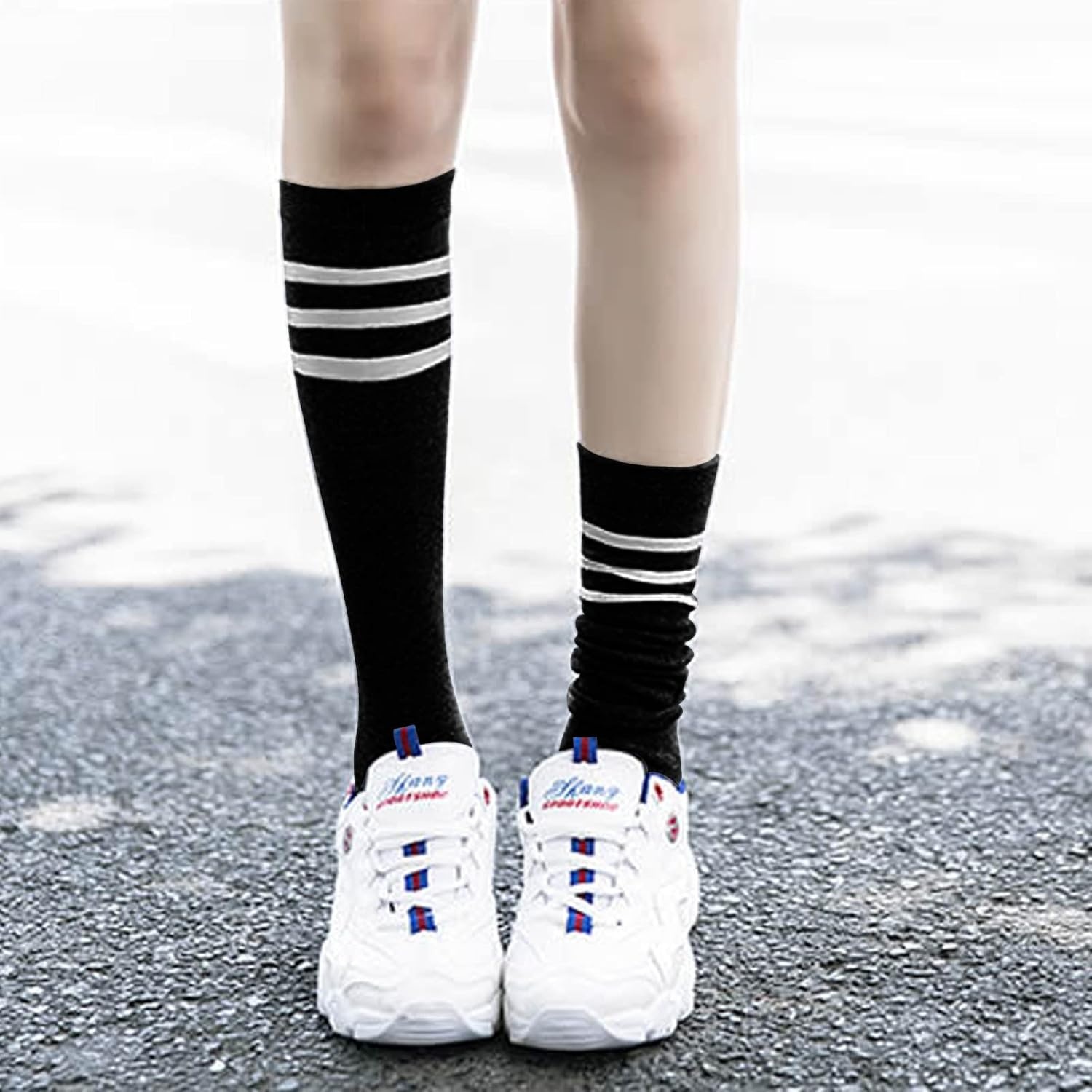 image:imageDRESHOW Womens Knee High Socks Seamless Toe Stripe Tube Knee Socks 3 Pairs3 Pairs Striped Knee High Black White Navy Blue