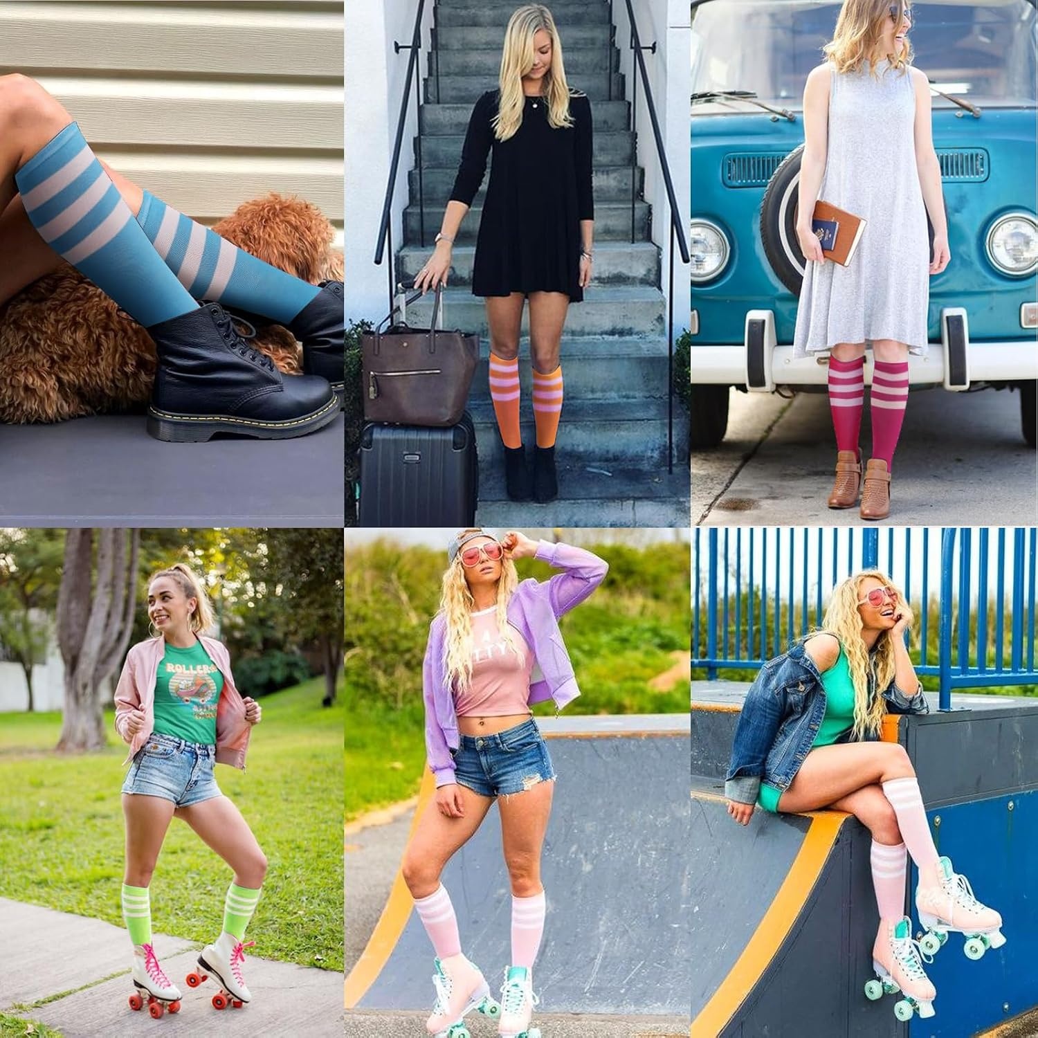 image:imageDRESHOW Womens Knee High Socks Seamless Toe Stripe Tube Knee Socks 3 Pairs3 Pairs Striped Knee High Green Blue Orange