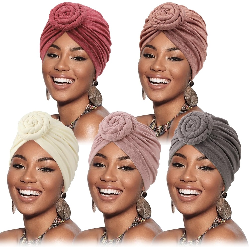 image:imageDRESHOW 5 Pack Knotted Headwraps for Women African Turban PreKnotted Beanie Headwraps Hair Covers5 Pack Donuts BeigeLight PinkFuchsiaBrownLight Purple