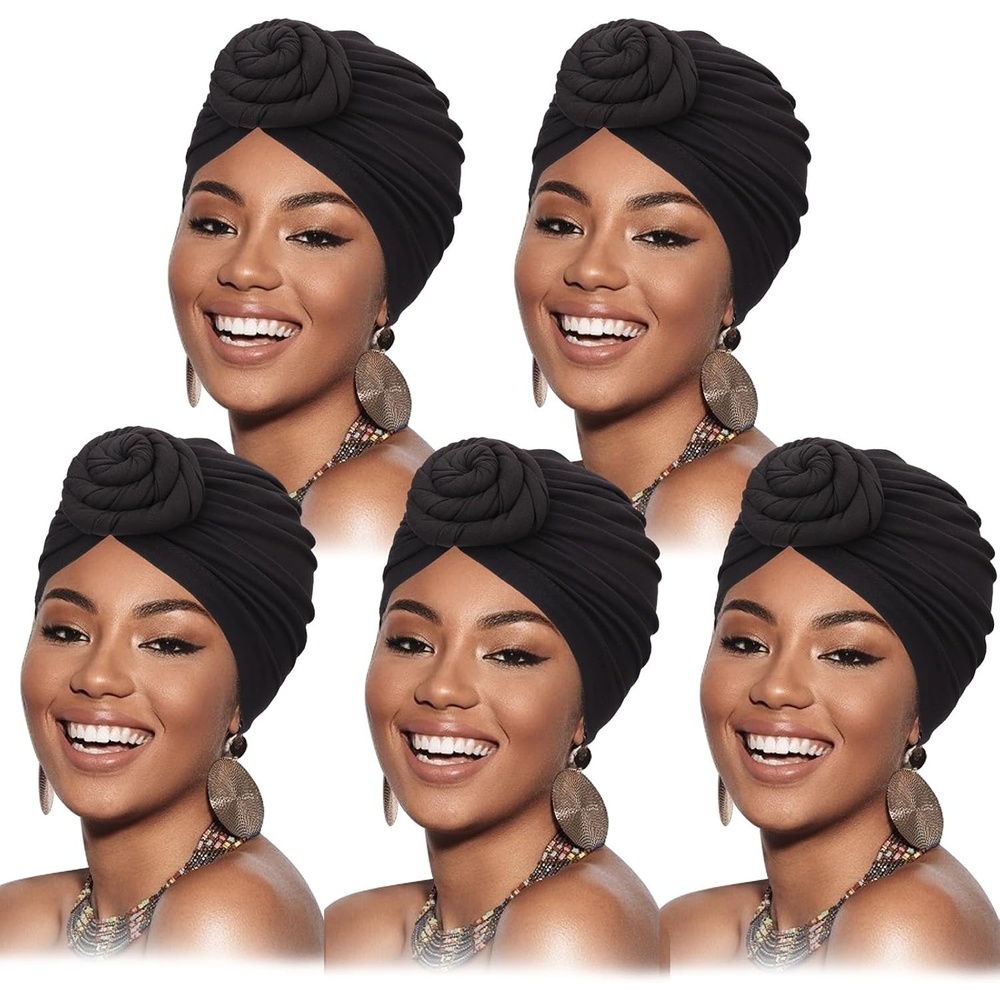 image:imageDRESHOW 5 Pack Knotted Headwraps for Women African Turban PreKnotted Beanie Headwraps Hair Covers5 Pack Donuts Black