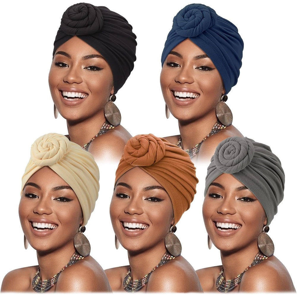 image:imageDRESHOW 5 Pack Knotted Headwraps for Women African Turban PreKnotted Beanie Headwraps Hair Covers5 Pack Donuts Dark Grey  Khaki  Dark Khaki  Navy Blue  Black