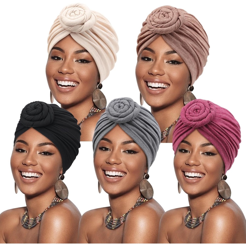 image:imageDRESHOW 5 Pack Knotted Headwraps for Women African Turban PreKnotted Beanie Headwraps Hair Covers5 Pack Donuts Ivory  Taupe  Black  Gray  Fuchsia