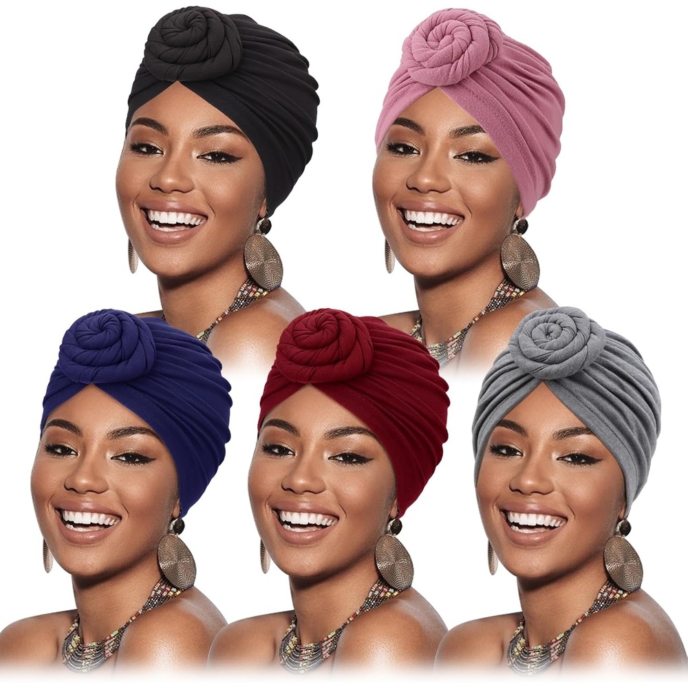 image:imageDRESHOW 5 Pack Knotted Headwraps for Women African Turban PreKnotted Beanie Headwraps Hair Covers5 Pack Donuts NavyBurgundyPinkBlackGrey