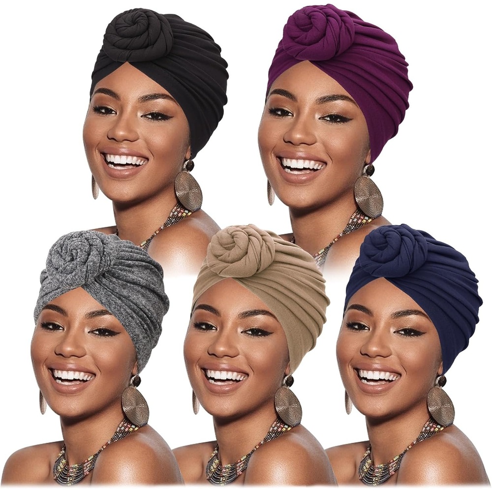 image:imageDRESHOW 5 Pack Knotted Headwraps for Women African Turban PreKnotted Beanie Headwraps Hair Covers5 Pack Donuts PurpleTanNavyHemp GreyBlack