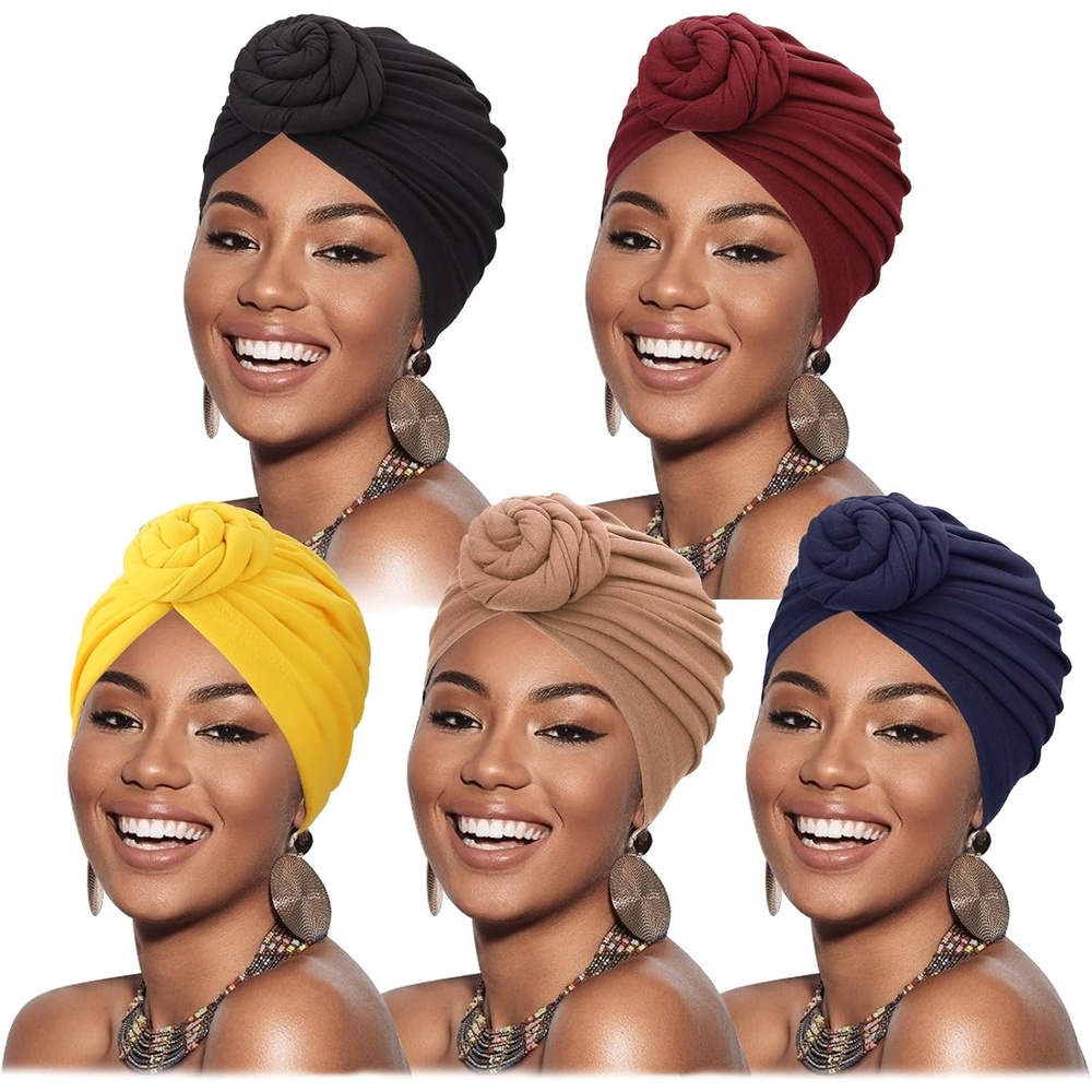 image:imageDRESHOW 5 Pack Knotted Headwraps for Women African Turban PreKnotted Beanie Headwraps Hair Covers5 Pack Donuts TanWineYellowNavyBlack