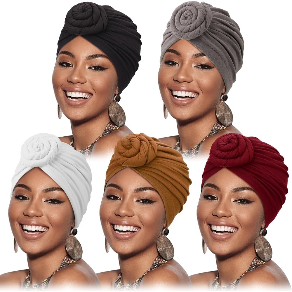 image:imageDRESHOW 5 Pack Knotted Headwraps for Women African Turban PreKnotted Beanie Headwraps Hair Covers5 Pack Donuts WhiteBurgundyBlackLight PurpleGinger