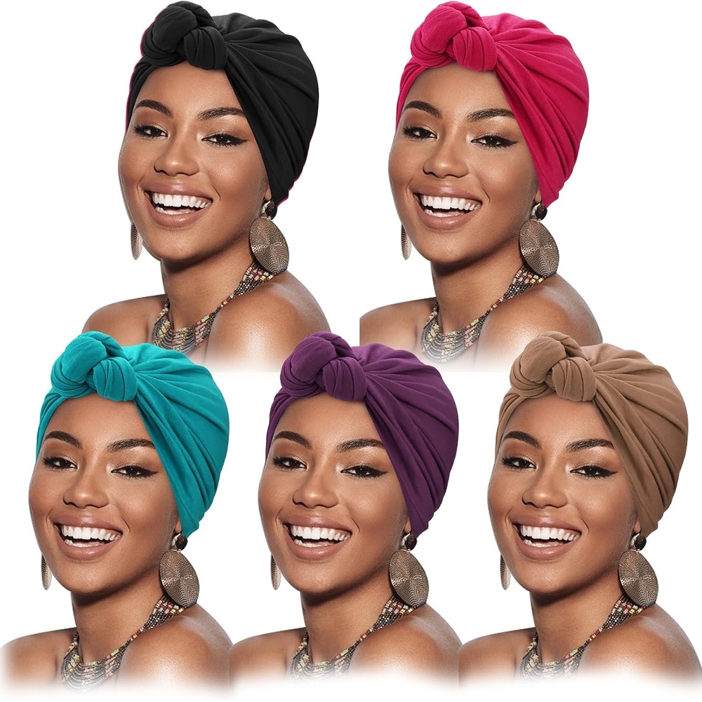 image:imageDRESHOW 5 Pack Knotted Headwraps for Women African Turban PreKnotted Beanie Headwraps Hair Covers5 Pack Knotted Black  Khaki  Rose  Purple  Teal