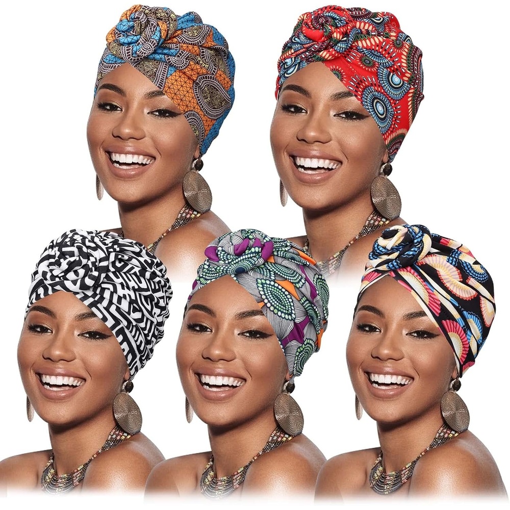 image:imageDRESHOW 5 Pack Knotted Headwraps for Women African Turban PreKnotted Beanie Headwraps Hair Covers5 Pack Knotted Flower a