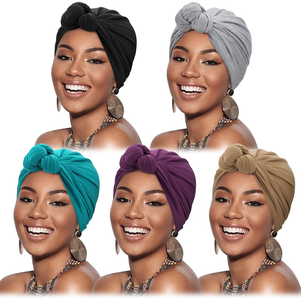 image:imageDRESHOW 5 Pack Knotted Headwraps for Women African Turban PreKnotted Beanie Headwraps Hair Covers5 Pack Knotted KhakiPurpleTealGreyBlack
