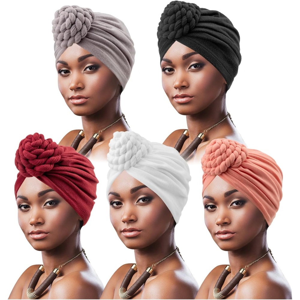 image:imageDRESHOW 5 Pack Knotted Headwraps for Women African Turban PreKnotted Beanie Headwraps Hair Covers5 Pcs Donut Flower Gorgeous