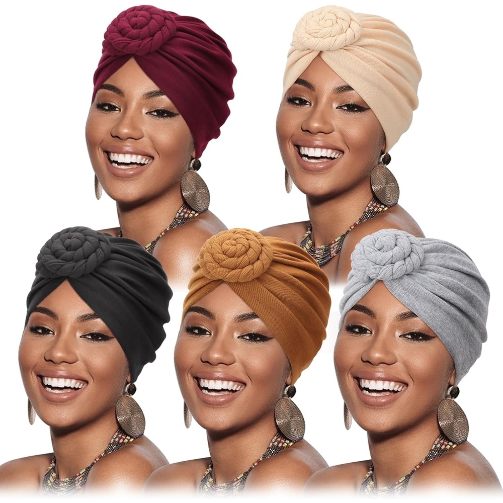 image:imageDRESHOW 5 Pack Knotted Headwraps for Women African Turban PreKnotted Beanie Headwraps Hair Covers5 Pcs Donut Flower Maroon Beige Black Brown Light Gray