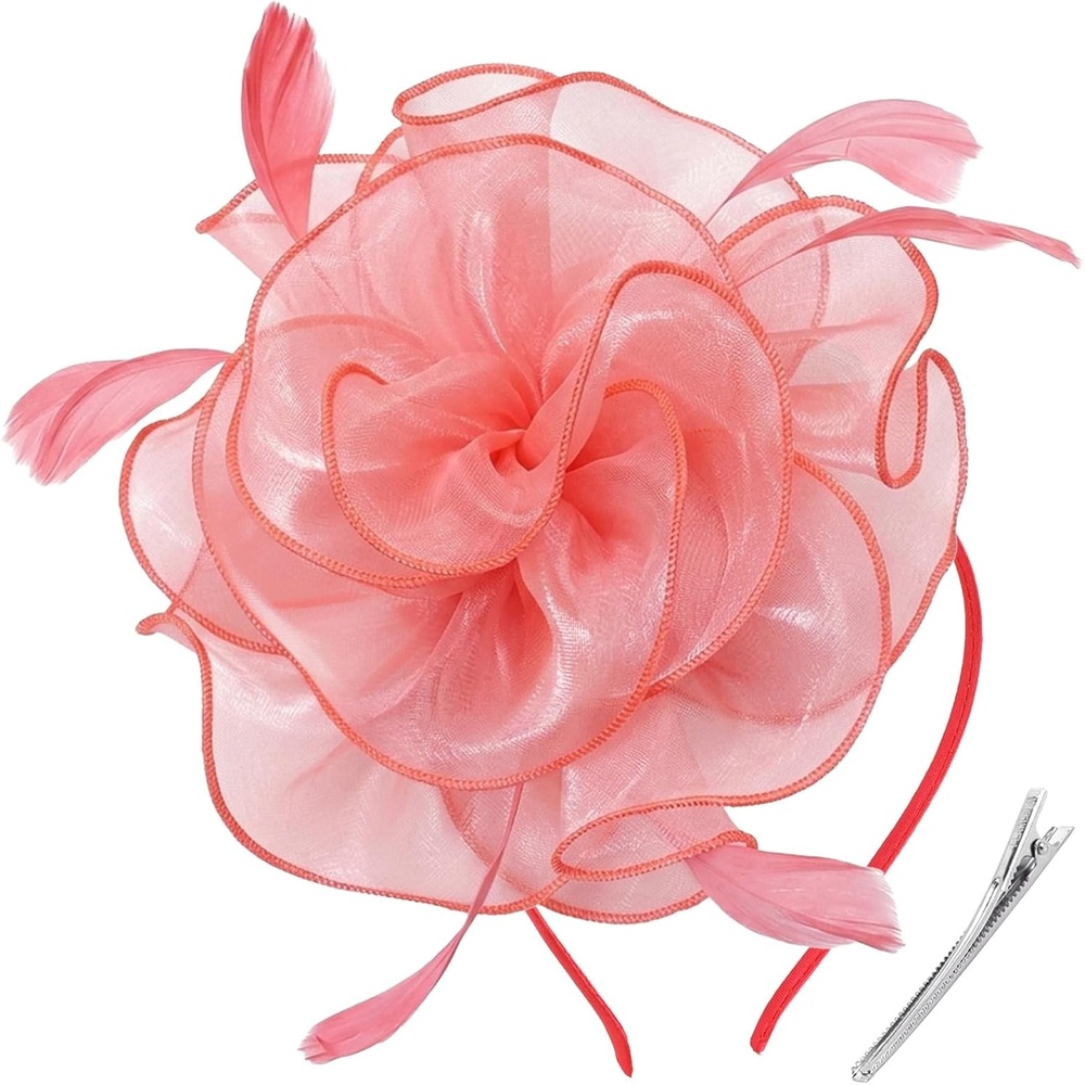 image:imageDRESHOW Fascinators Hat Tea Party Headwear Ribbons Feathers on a Headband and a Clip for Women1 Pc Coral Pink