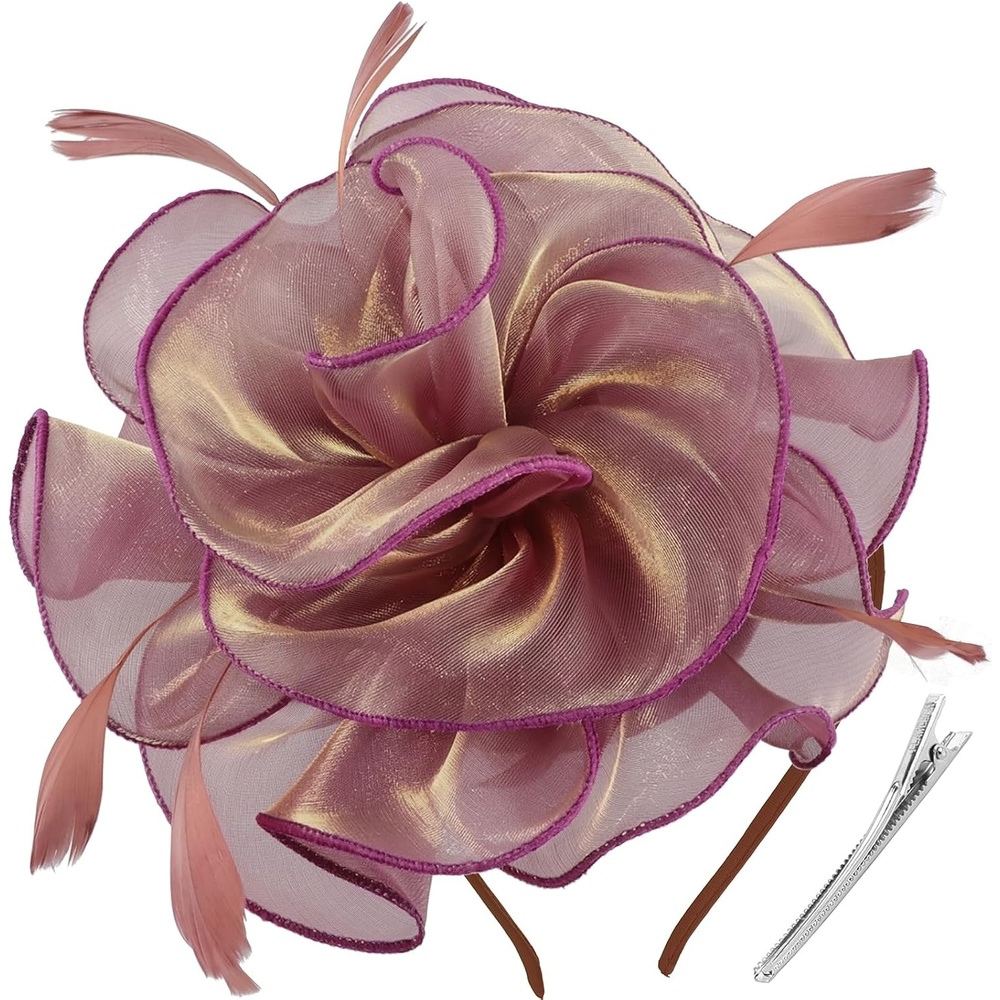 image:imageDRESHOW Fascinators Hat Tea Party Headwear Ribbons Feathers on a Headband and a Clip for Women1 Pc Dusty Rose With Gold Shimmer