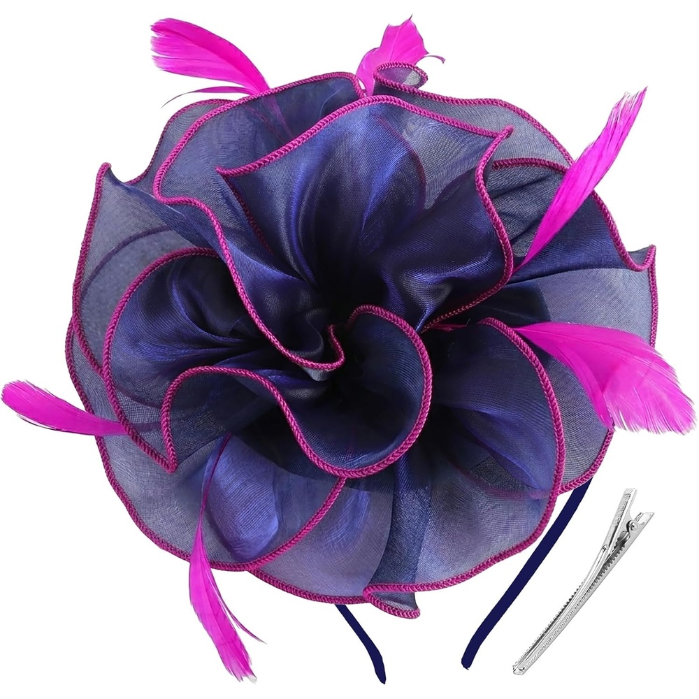 image:imageDRESHOW Fascinators Hat Tea Party Headwear Ribbons Feathers on a Headband and a Clip for Women82 Navy Blue Hot Pink