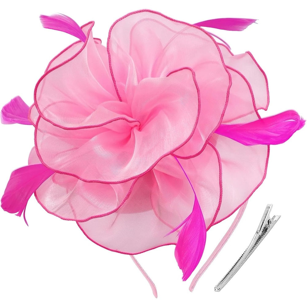 image:imageDRESHOW Fascinators Hat Tea Party Headwear Ribbons Feathers on a Headband and a Clip for Women82 Pale Pink Hot Pink